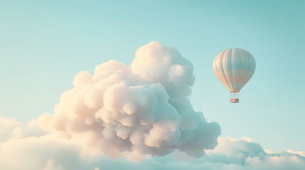 Fototapeta premium Pink Hot Air Balloon Floating Among Soft Clouds in Blue Sky..