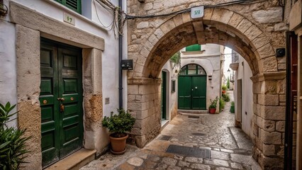 Fototapeta premium Stone archway and green doorways in the charming town of Locorotondo, Italy, architecture, stone, archway, green, doorways