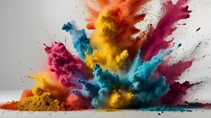 Rainbow Powder Explosion: A burst of vibrant rainbow-colored powder on a bright white background, showcasing a mesmerizing and energetic display of colors.