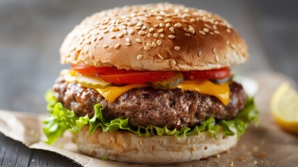 A classic American cheeseburger with all the fixings.