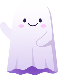 Halloween kawaii ghost character with cheerful expression, and playful smile waving its hand. Isolated cute cartoon vector baby spook, white phantom personage captures festive spirit of the season