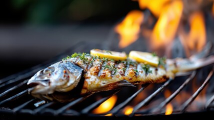 A whole fish, stuffed with herbs and lemon, roasts over an open flame.