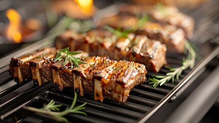 Lamb ribs seasoned with rosemary and garlic, roasting in a hot oven.