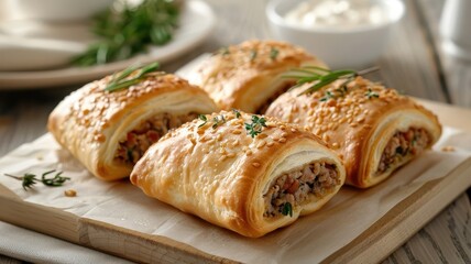 A close-up of a sausage roll, its golden-brown pastry encasing a savory filling.