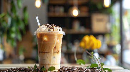 Ice milk coffee in cup plastic with ice cube. Blank space for text, copy space. Food and drink photography for background, wallpaper, product promotion, advertisement.