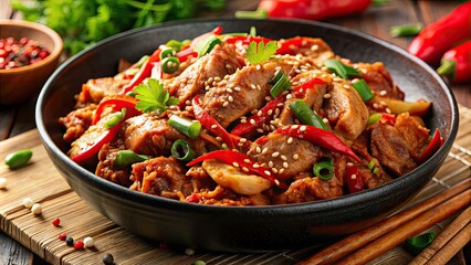 Fototapeta premium Close-up of a delicious and spicy North Korean pork dish with fresh ingredients , spicy, pork, local, North Korean, food