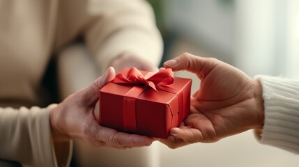 A person presenting a red gift box to another person.