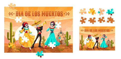 Day of the dead Mexican holiday jigsaw puzzle quiz game pieces. Dia de los muertos educational vector worksheet for preschool children with funny cartoon Catrina dancers and mariachi skeleton musician