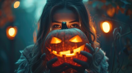 Fototapeta premium Woman Holding Carved Halloween Pumpkin in Spooky Evening Forest with Glowing Jack-o'-Lanterns