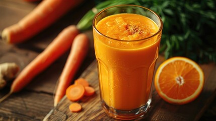 Fototapeta premium Fresh Carrot and Orange Smoothie with Ginger on Wooden Table