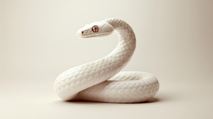 Fototapeta premium White Snake Sculpture with Pink Eyes on Neutral Background - Modern Minimalist Design