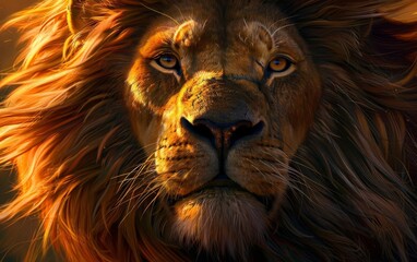 Naklejka premium Close-up of a majestic lion with a flowing mane, capturing the strength and intensity of the king of the jungle.