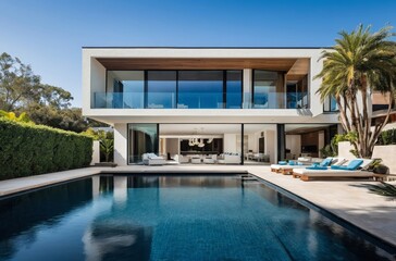Fototapeta premium Modern architectural home with large windows swimming pool and patio
