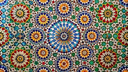 Fototapeta premium Closeup of vibrant and intricate Moroccan tiles, colorful, pattern, mosaic, texture, design, decoration, traditional