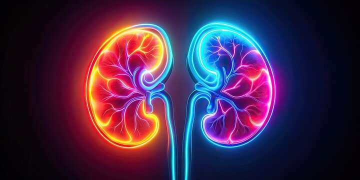 Vibrant neon kidneys shining brightly against a dark void backdrop, neon, kidneys, disease, contrast, vibrant, bright