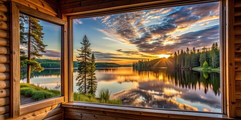 Fototapeta premium Serene sunset view through cabin window onto forest lake, serene, cabin, window, lake, forest, sunset, serene, calm