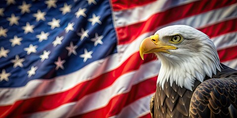 Naklejka premium American flag waving in the background with an eagle in the foreground, patriotic, USA, symbol, freedom, pride