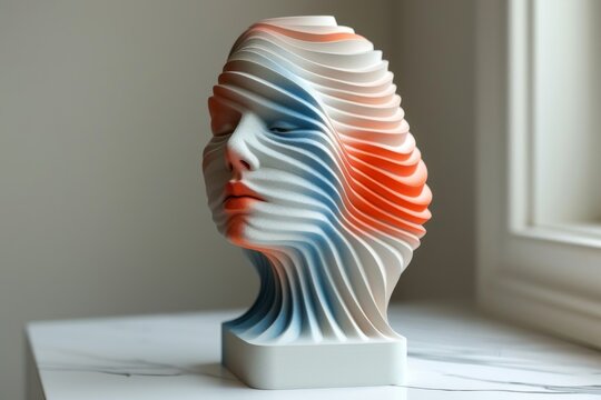 Abstract head sculpture with layered design modern art creative representation conceptual art unique patterns digital art artistic expression contemporary style