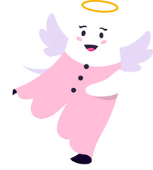 Funny cartoon Halloween kawaii ghost angel character with white wings, halo, rosy cheeks, and an endearing smile. Isolated vector spook radiating a gentle and whimsical aura of innocence and sweetness