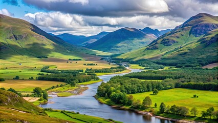 Majestic Highlands of Scotland with winding rivers, lush green valleys, and towering mountains , Scotland, Highlands
