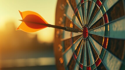 Close-up of a dart hitting the bullseye on a dartboard, symbolizing precision, focus, and achieving goals at sunset.