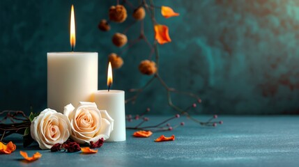 Elegant candles and roses on a rustic teal background, perfect for serene and romantic settings or meditation and relaxation moments.