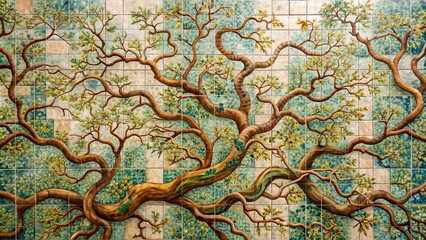 Painting of twisted branches on a decorative tiled background, nature, branches, abstract, art, design, texture