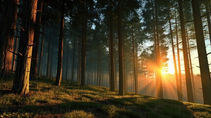 Fototapeta premium Sunlight filters through a serene, dense forest in the early morning, casting long shadows and illuminating the lush green foliage.