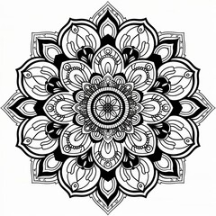 Intricate black line mandala with repeating hexagonal shapes on a white backdrop