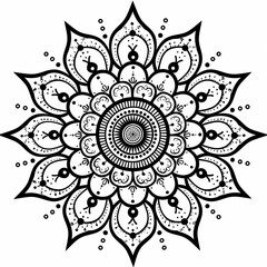 Symmetrical black line mandala with swirling vines and leaves on a white background