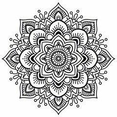 Symmetrical black line mandala with swirling vines and leaves on a white background