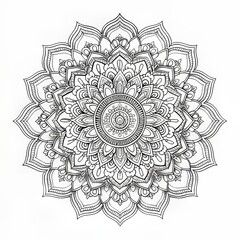 Symmetrical black line mandala with swirling vines and leaves on a white background