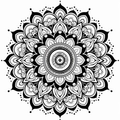 Symmetrical black line mandala with swirling vines and leaves on a white background