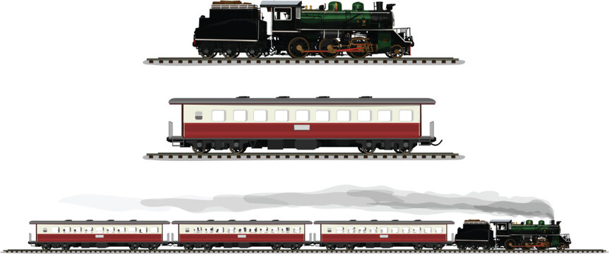 Set procession Ancient train include Old steam locomotive and compartment railroad tracks isolated on white background.