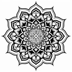 Symmetrical black line mandala with swirling vines and leaves on a white background