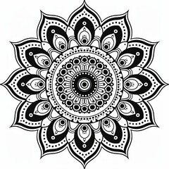 Symmetrical black line mandala with swirling vines and leaves on a white background