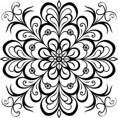 Fototapeta premium Symmetrical black line mandala with swirling vines and leaves on a white background