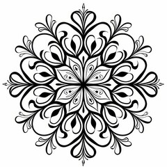 Fototapeta premium Symmetrical black line mandala with swirling vines and leaves on a white background