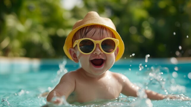 Baby boy wearing sunglasses and hat swimming in a pool on a sunny day.