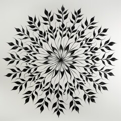 Obraz premium Symmetrical mandala featuring delicate black line vines and leaves on white