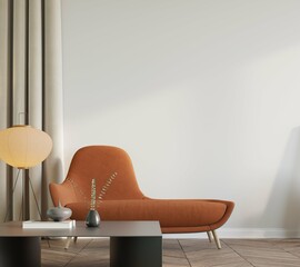 Blank white wall in cozy living room interior background, modern art deco style, 3D render