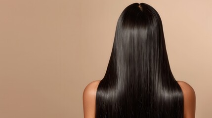 Fototapeta premium Healthy long-haired woman rear view close up. Smooth silky shiny straight hair concept. Ample copy space with a simple beige background.