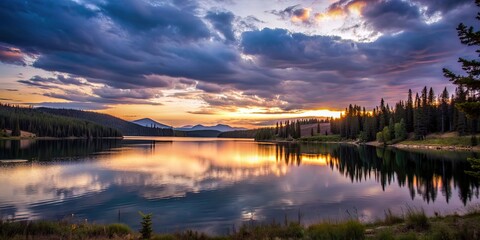Obraz premium Tranquil evening scene at Calm Gap Lake in Alberta, Canada , sunset, lake, reflection, calming, peaceful
