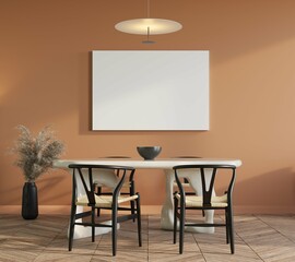 modern scandinavian dining room with white poster mockup. 3d illustration