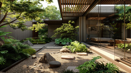 Minimalist-style backyard patio with a wooden deck, Modern Patio Furniture Surrounded. minimalist patio, backyard patio, wooden deck patio, modern patio furniture, patio design, minimalist backyard,