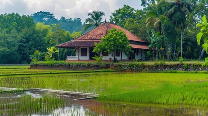 Obraz premium Rustic Village Surrounded by Dense Forest: Wooden Houses, Thatched Roofs, Chimneys with Smoke, and People Working in Fields