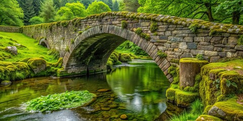Medieval stone bridge with green moss-covered stones , medieval, stone bridge, moss, covered, stones, medieval architecture