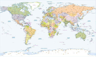 Detailed political physical world mar Spanish language labeled 