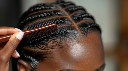 Hairstylist applies final touches to the braided hair on the African woman's head close up.