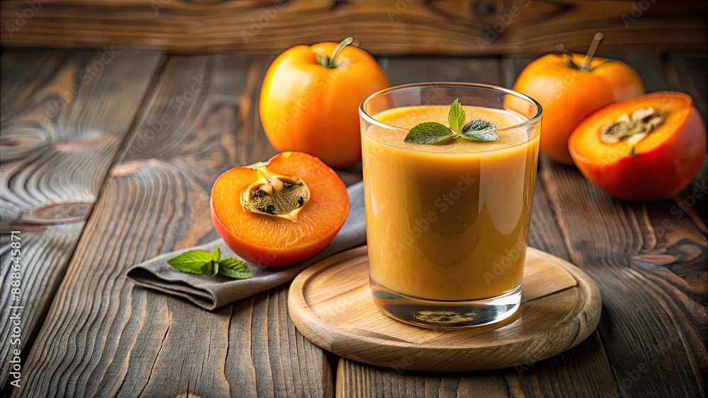 Wall mural Refreshing persimmon smoothie in a glass with a slice of fruit on a wooden table, persimmon, smoothie, drink, fruit